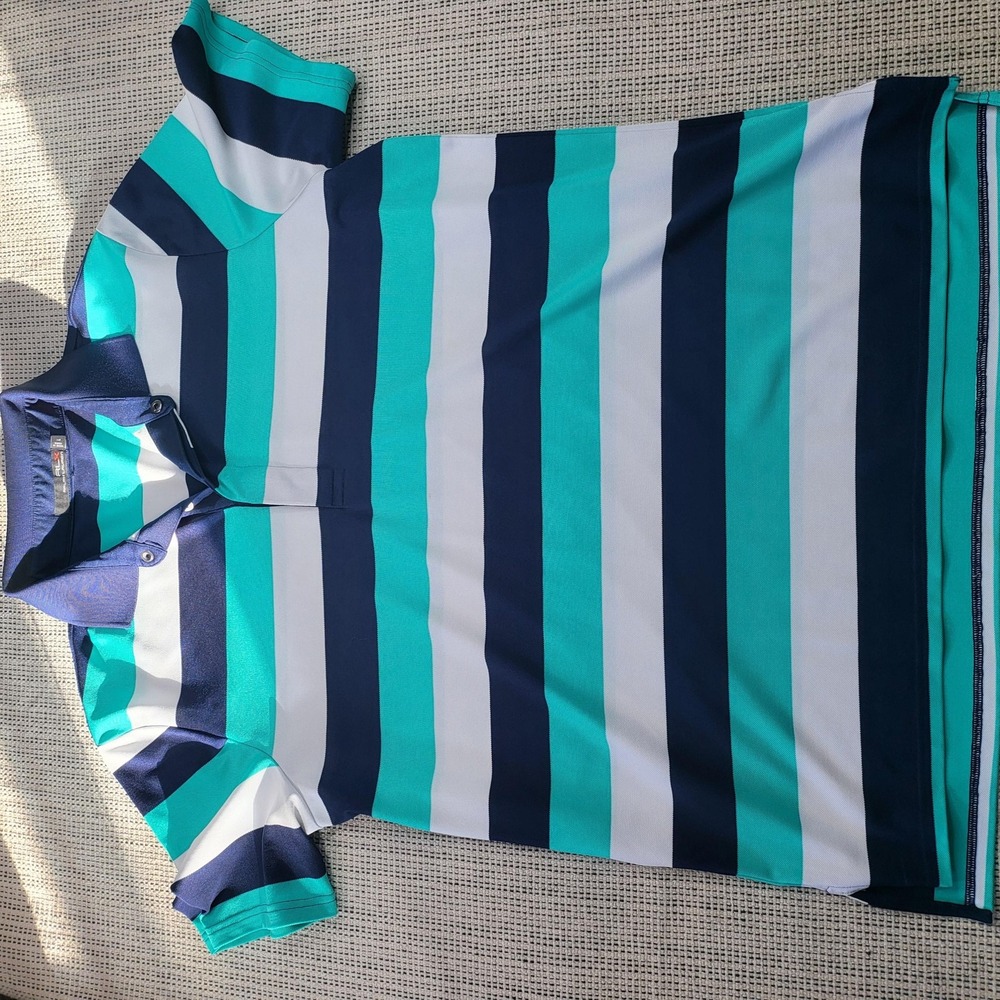 RLX Ralph Lauren Polo Shirt Mens Large‎ Blue Green Striped Golf Short Sleeve